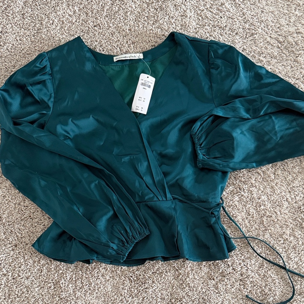 Abercrombie & Fitch Green Satin Faux Wrap Blouse NWT